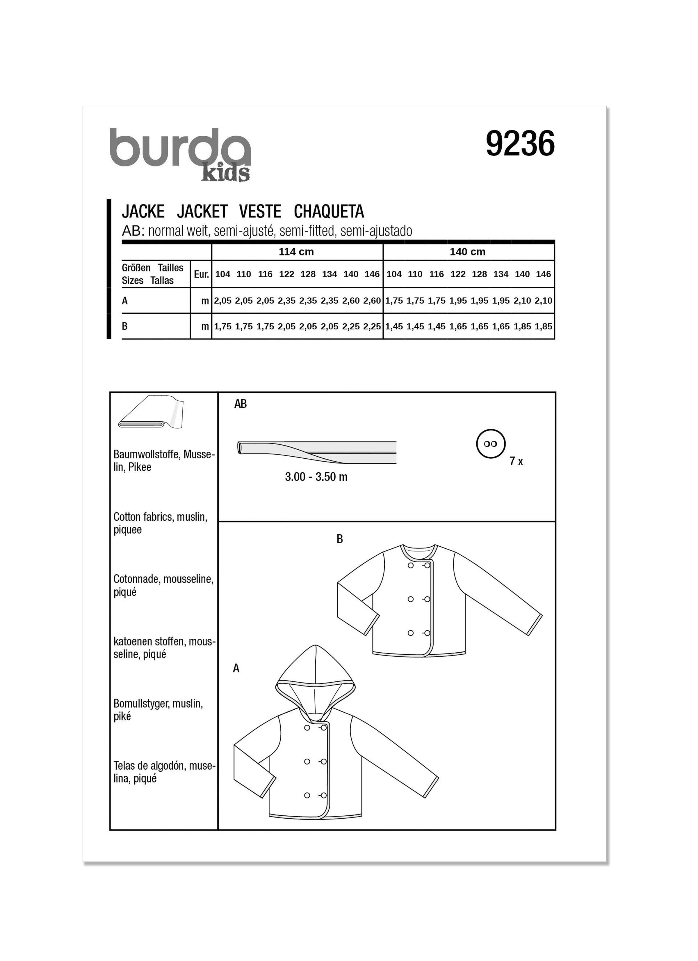 Burda Sewing Pattern 9236 Children's Jacket