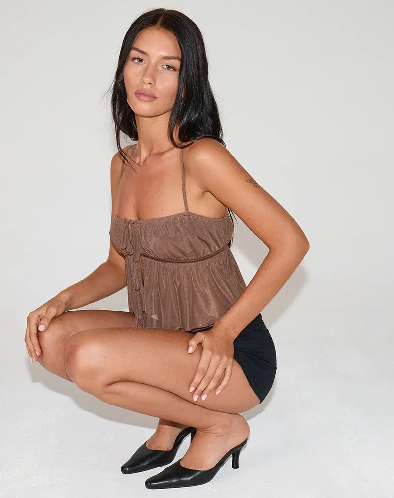 Carmina Tie Front Cami Top in Mesh Brown