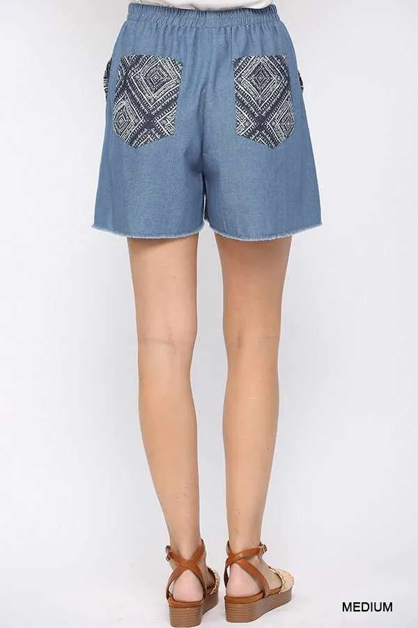 Denim Elastic Waist Shorts