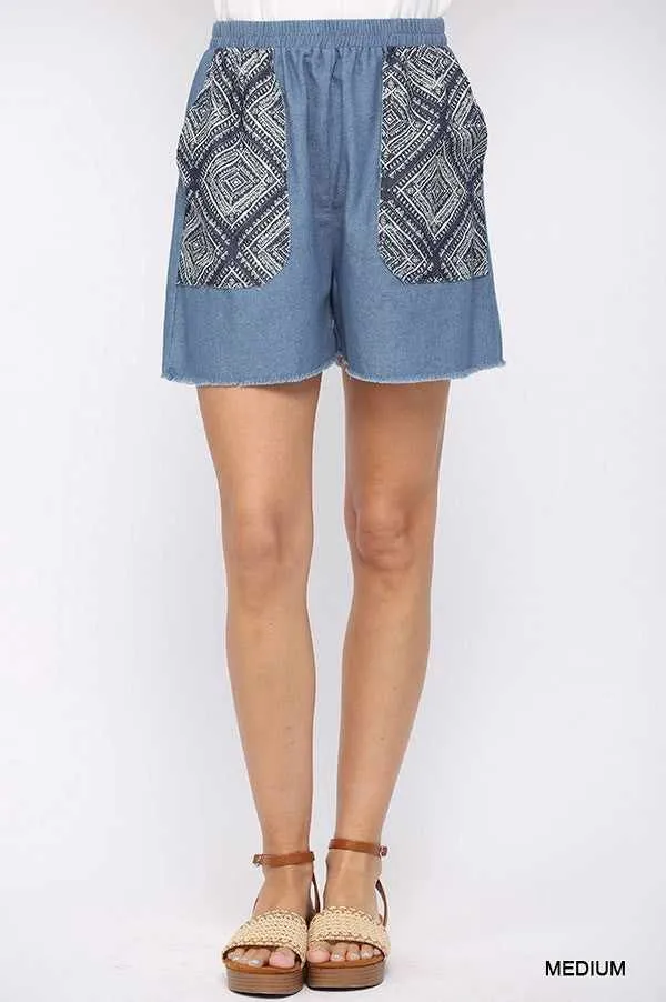 Denim Elastic Waist Shorts