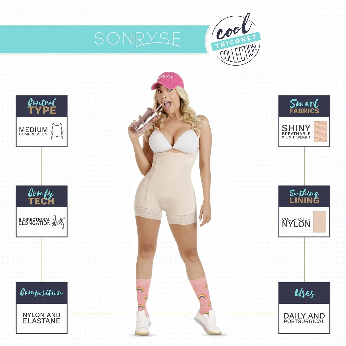 Fajas SONRYSE TR72BF | Butt Lifter Tummy Control Shapewear Bodysuit | Daily Use | Triconet