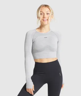 Gymshark Flex Sports Long Sleeve Crop Top - Light Grey Marl/Black