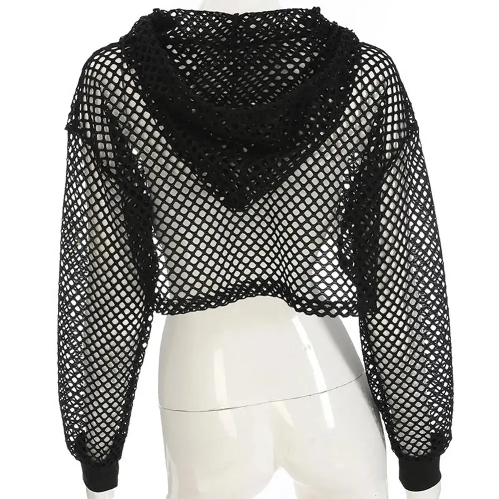 HH236 Hip Hop Fish Net Women Long Sleeve Crop Top with Hood