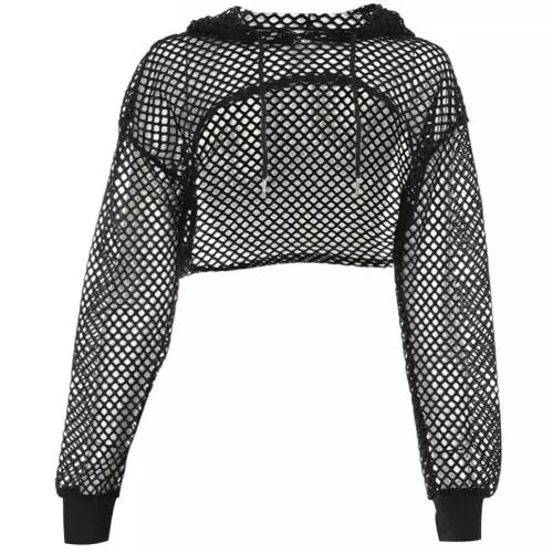 HH236 Hip Hop Fish Net Women Long Sleeve Crop Top with Hood