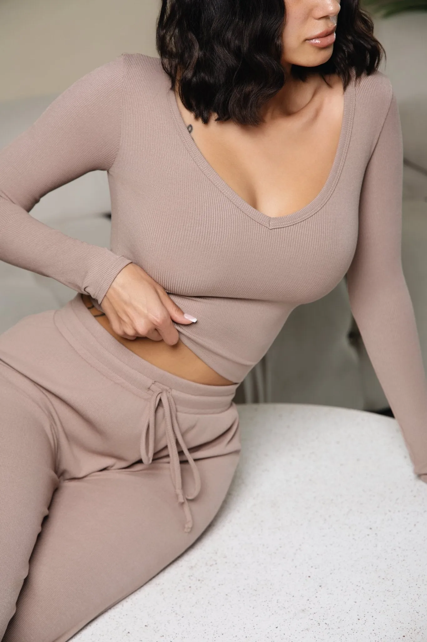 HMS Skins: Almond Baby Rib Long Sleeve V Neck Top