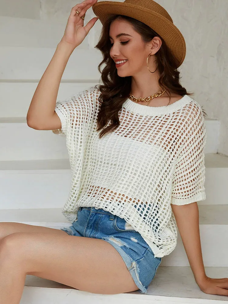 Knitted Wool Short-Sleeved Mesh Beach Tops