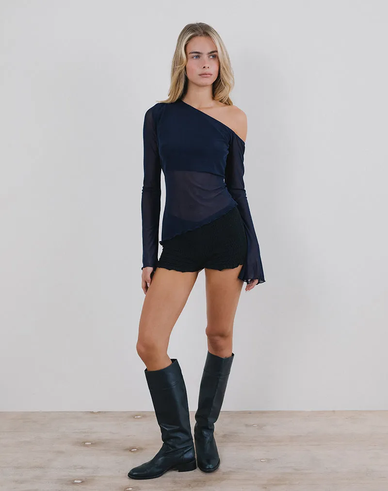 Narcissa Asymmetric Long Sleeve Top in Mesh Navy