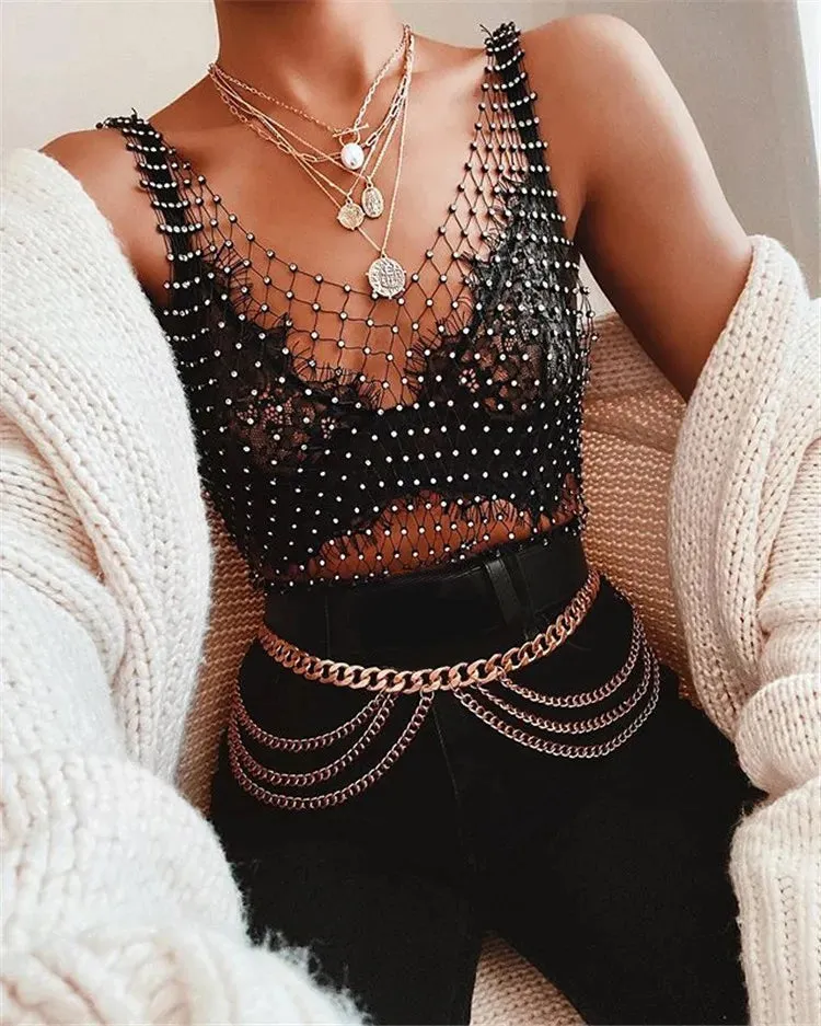 See Through Shiny Rhinestone Fishnet Sleeveless Mesh Tops