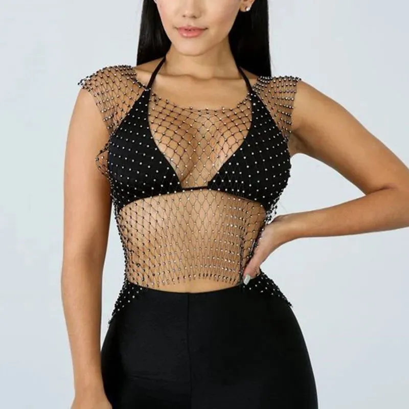 See Through Shiny Rhinestone Fishnet Sleeveless Mesh Tops