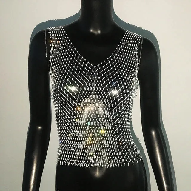 See Through Shiny Rhinestone Fishnet Sleeveless Mesh Tops