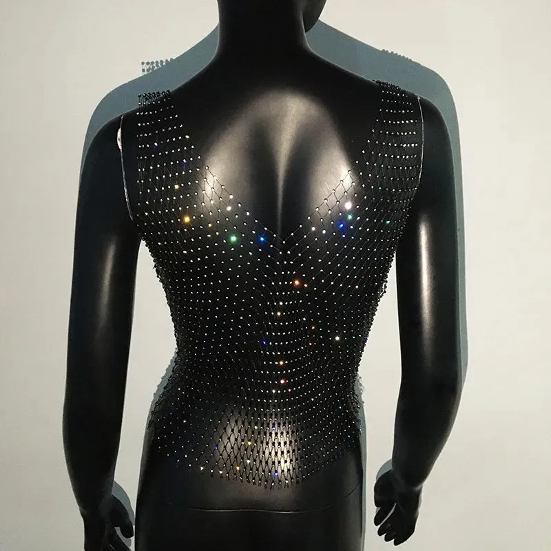 See Through Shiny Rhinestone Fishnet Sleeveless Mesh Tops