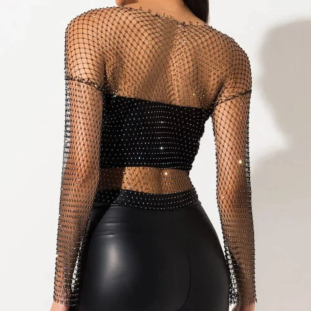 Sexy Sparkling Mesh Sequins See-Through Long Sleeve Shirt